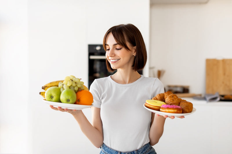 Frau hält zwei Teller mit gesunden und ungesunden Lebensmitteln