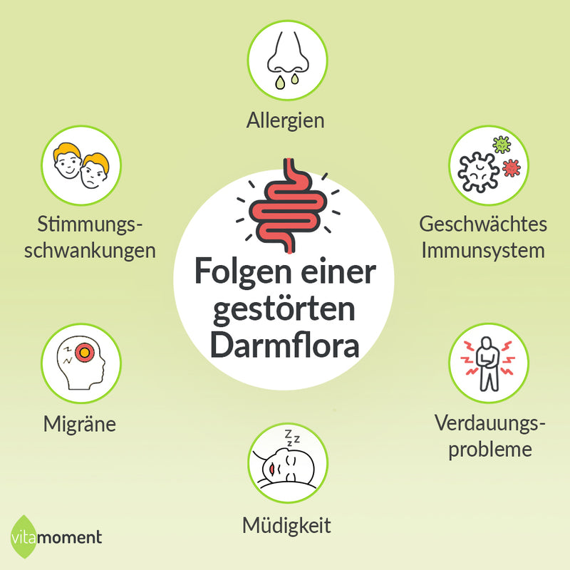 Fragen und Antworten zur VitaMoment Darmkur-Challenge: Infografik Folgen einer gestörten Darmflora