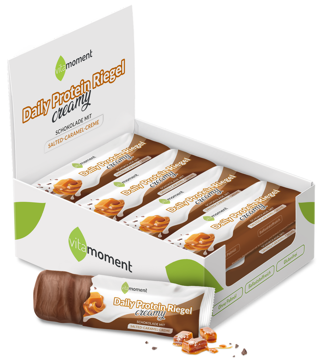Daily Protein Riegel Creamy - Schoko Salted Caramel, 12er Box - VitaMoment Produkt