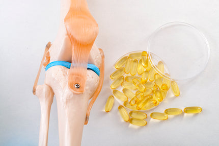 Omega-3-Erfahrung: Omega-3-Kapseln und ein Modell eines Gelenks