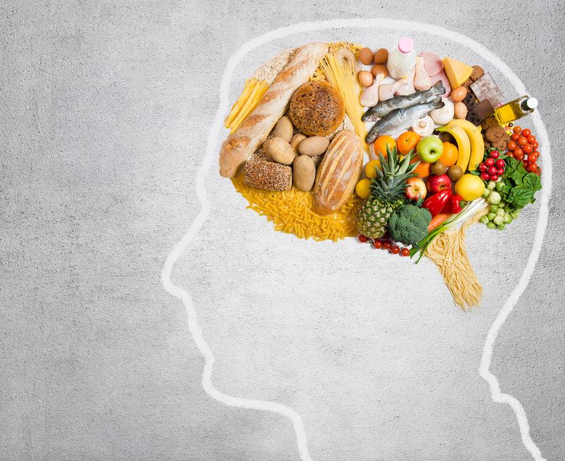 Zeichnung eines Kopfes mit Lebensmitteln als Gehirn