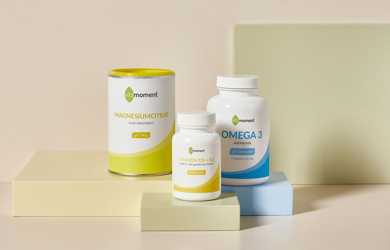 Beste Nahrungsergänzungsmittel: Basis-Paket von VitaMoment mit Magnesium, Omega 3 und Vitamin D 