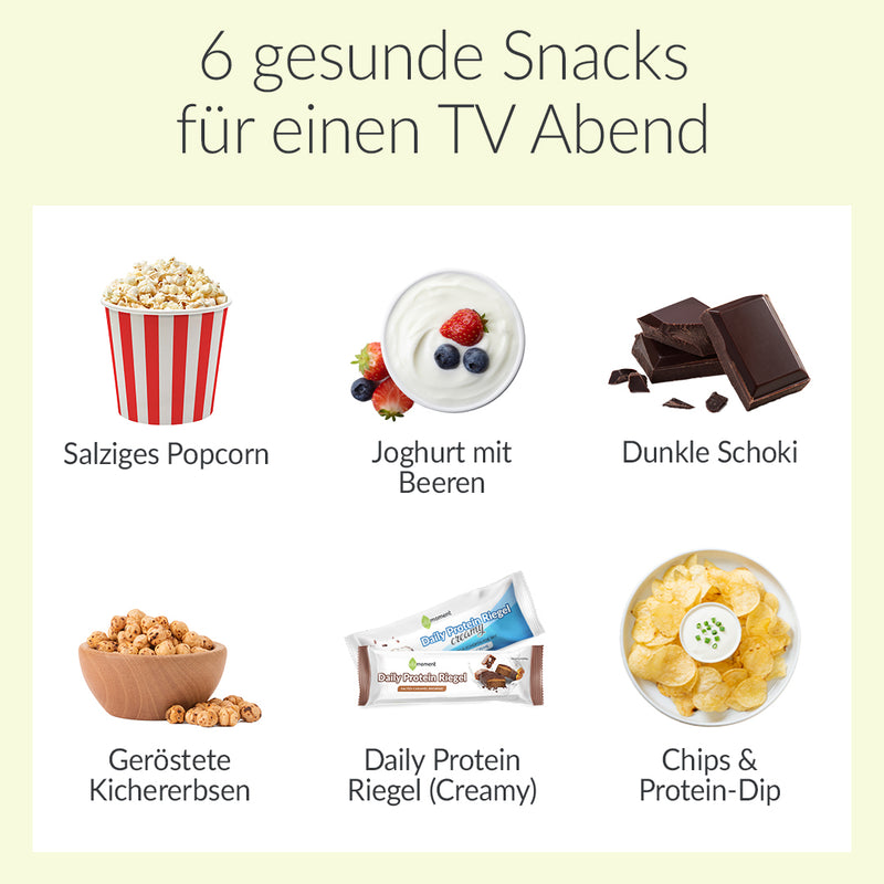 Gesunde Snacks für Abends: Infografik 6 gesunde Snacks für einen TV Abend
