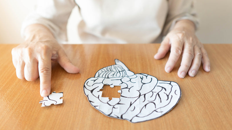 Astaxanthin Wirkung: Ältere Frau macht Puzzle in Form eines Gehirns
