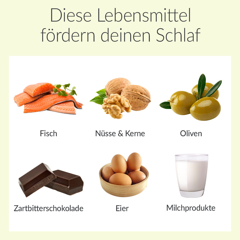 Eine Grafik schlaffördernder Lebensmittel: Fisch, Nüsse, Kerne, Oliven, Zartbitterschokolade, Eier, Milchprodukte