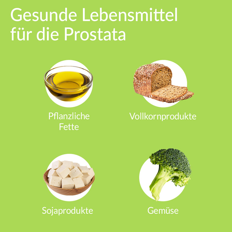 Grafik Gesunde Lebensmittel für die Prostata: Pflanzliche Fette, Vollkornprodukte, Sojaprodukte, Gemüse