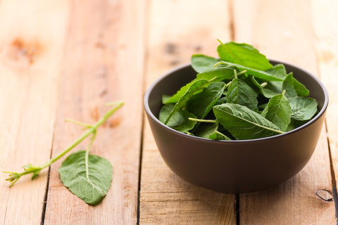 Adaptogene: Tulsi-Blätter in einer Schale