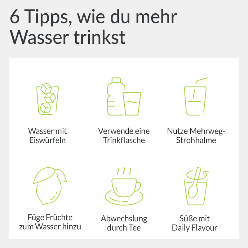 6 Tipps, wie du mehr Wasser trinkst: 1: Eiswürfel 2:Verwende eine Trinkflasche, die du im Blick behalten kannst 3: Nutze Mehrweg Strohhalme 4: Füge Früchte zum Wasser hinzu 5: Abwechslung durch Tee 6: Süße dein Wasser mit Daily Flavour