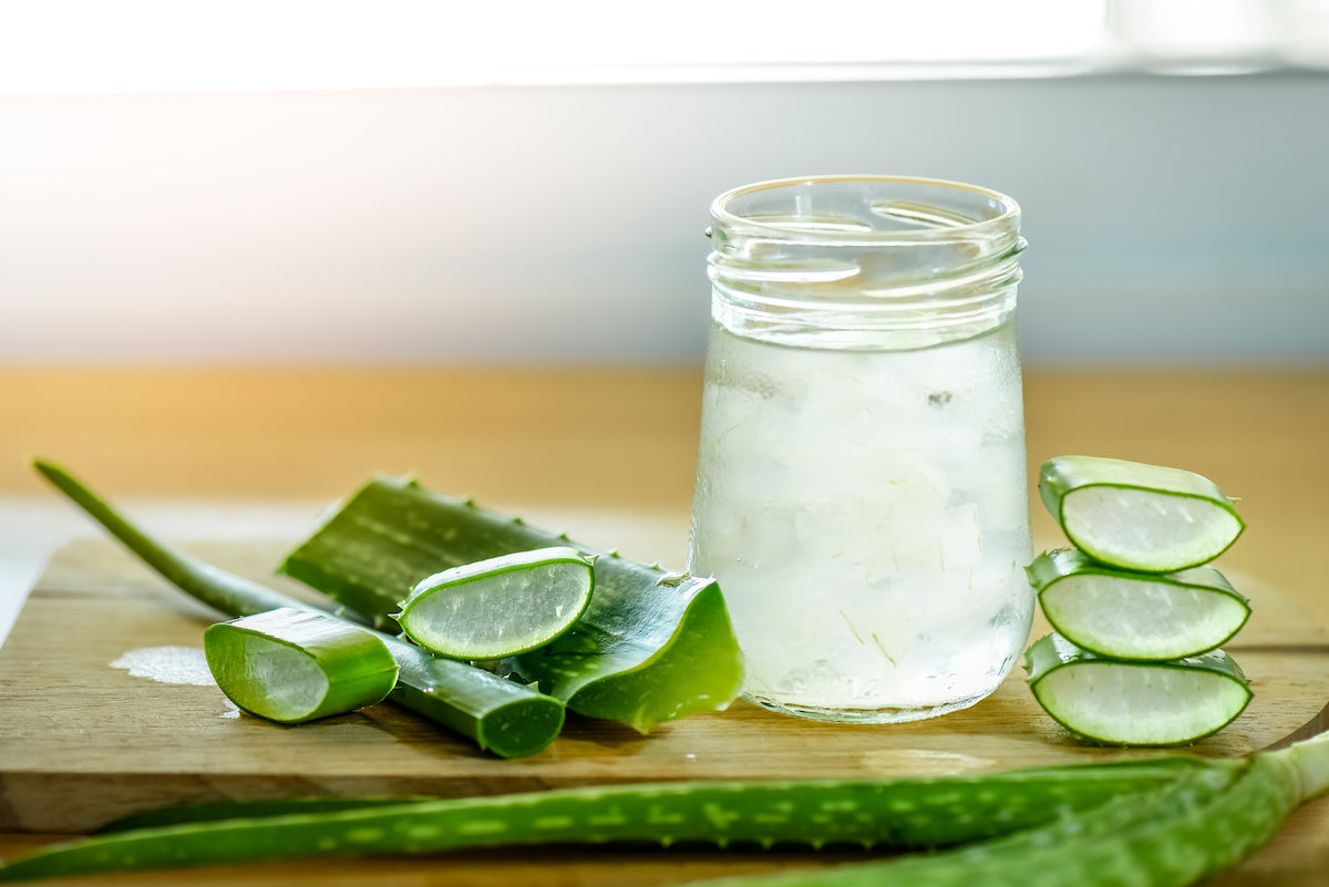 Glas mit Aloe Vera Saft und frische Blätter