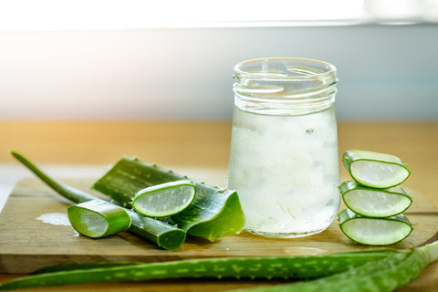 Glas mit Aloe Vera Saft und frische Blätter