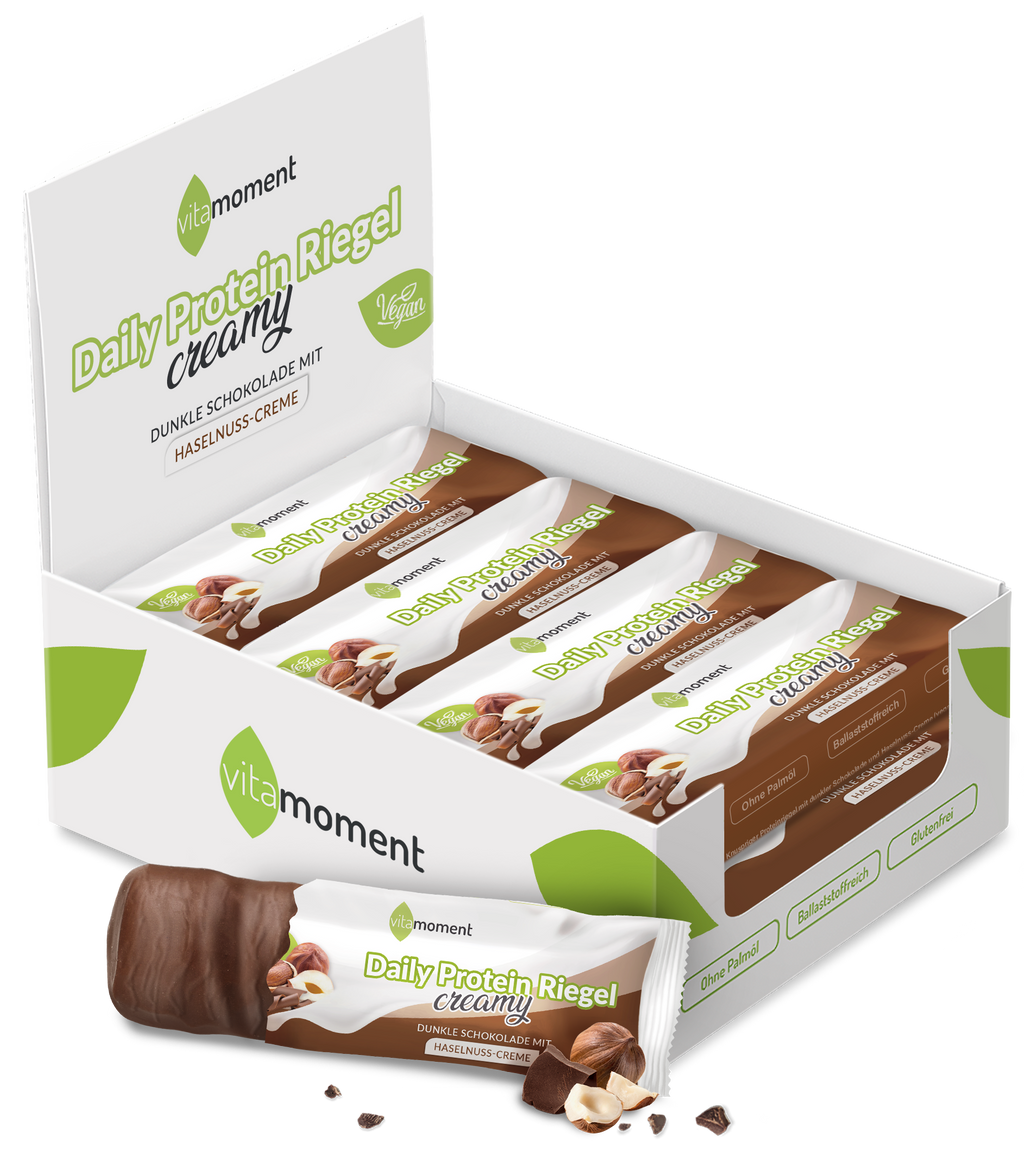 Daily Protein Riegel Creamy Vegan - Dunkle Schoko Haselnuss, 12er Box - VitaMoment Produkt