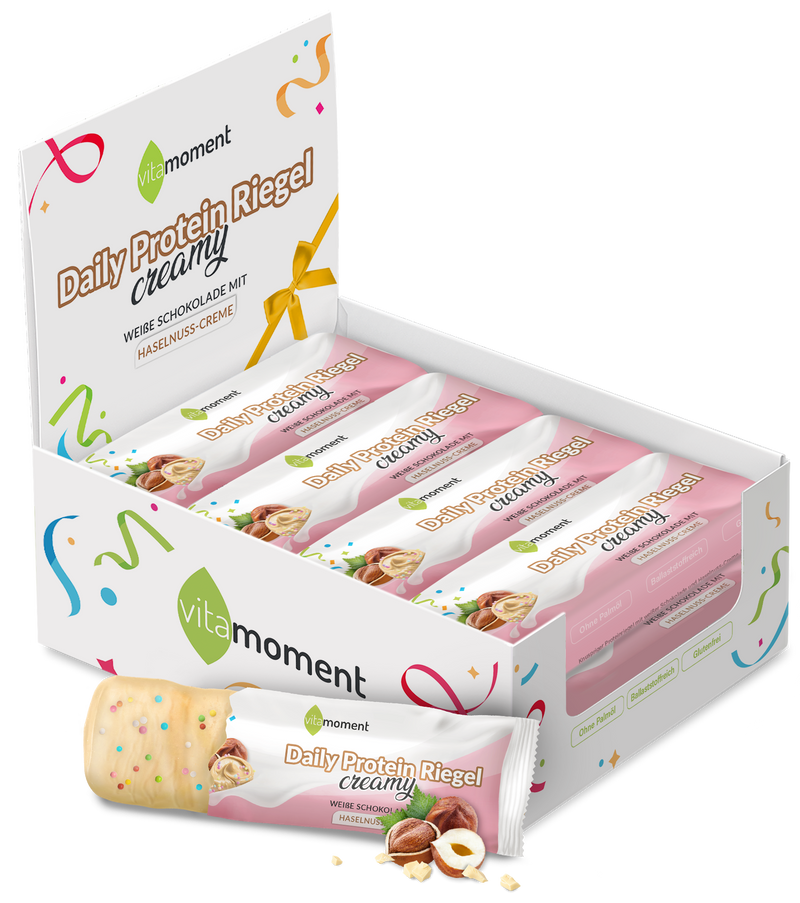 Daily Protein Riegel Creamy - Weiße Schoko Haselnuss, 12er Box - VitaMoment Produkt
