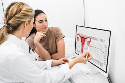 Hormone: Frauenärztin erklärt Patientin am Computer den weiblichen Zyklus